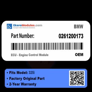 Close-up of a BMW 325i engine part, showcasing its model number 0261200173 for automotive reference.
