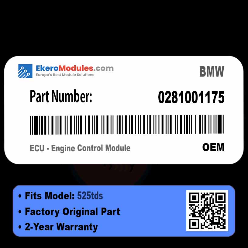 Close-up view of a BMW 525 TDS engine part labeled 0281001175, showcasing detailed components and connections.